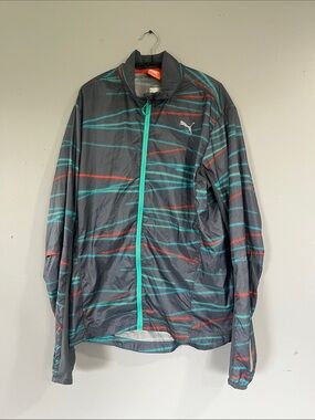 Puma Gray Windbreaker with Teal and Red Stripes Medium